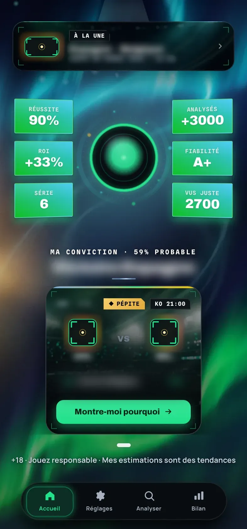 L'accueil betbot : l'orbe d'analyse entouré du track-record (90 % de réussite, +3000 matchs analysés), la conviction du jour et la pépite détectée par l'IA